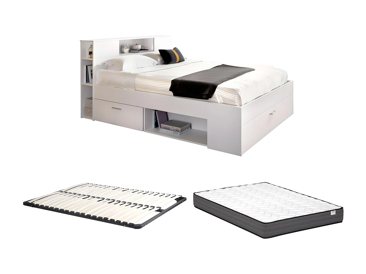 Bed met hoofdeinde met opbergruimte en lades - 160 x 200 cm - Kleur: wit + bedbodem + matras - LEANDRE