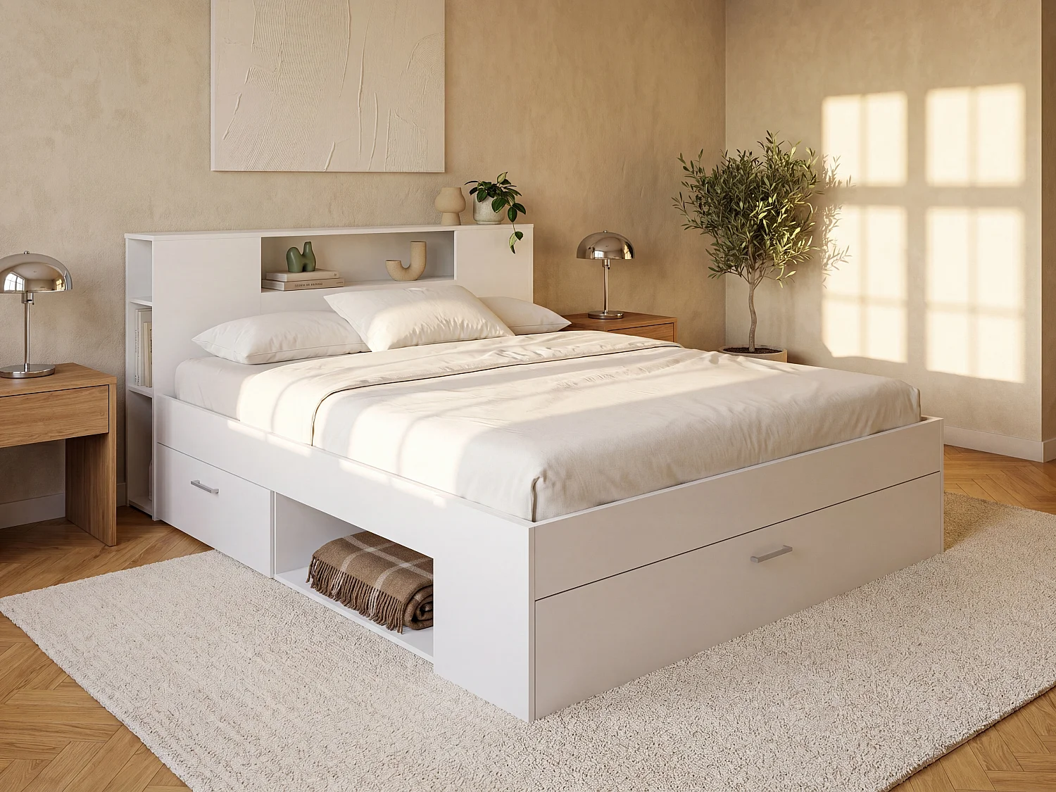 Lit avec tête de lit rangements et tiroirs - 160 x 200 cm - Coloris : Blanc + Sommier + Matelas - LEANDRE