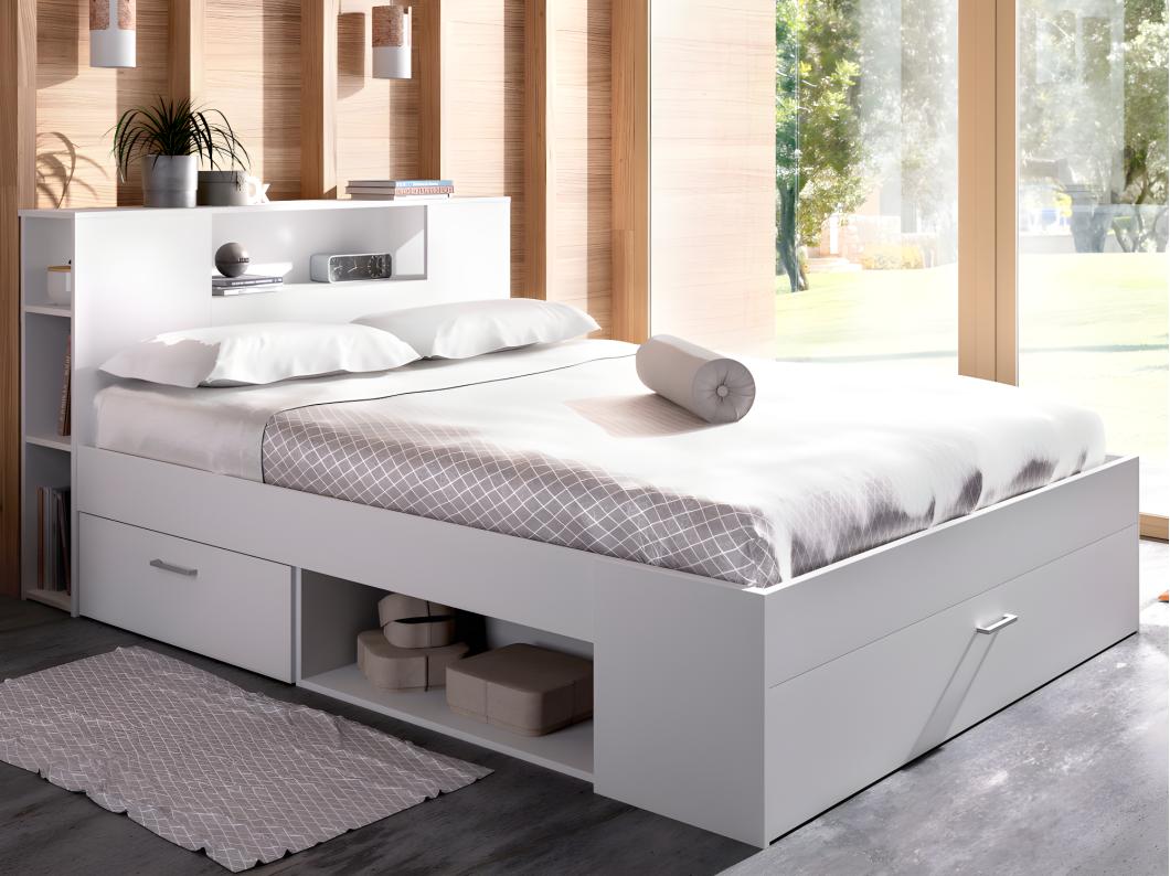 Lit avec tête de lit rangements et tiroirs - 160 x 200 cm - Coloris : Blanc + Sommier + Matelas - LEANDRE