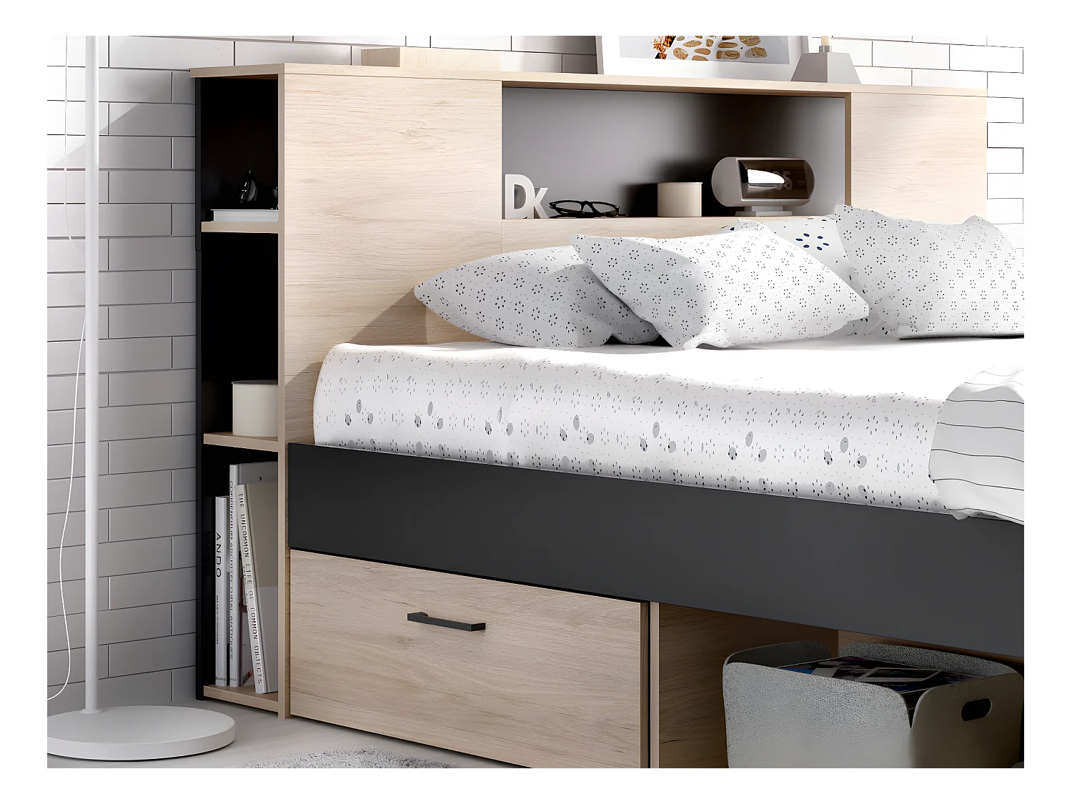 Lit avec tête de lit rangements et tiroirs - 160 x 200 cm - Coloris : Naturel et anthracite + Sommier + Matelas - LEANDRE