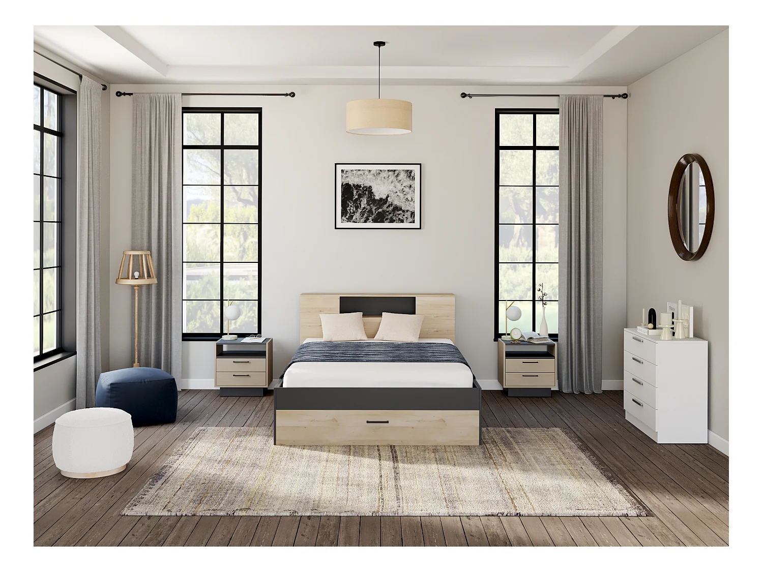 Lit avec tête de lit rangements et tiroirs - 160 x 200 cm - Coloris : Naturel et anthracite + Sommier + Matelas - LEANDRE