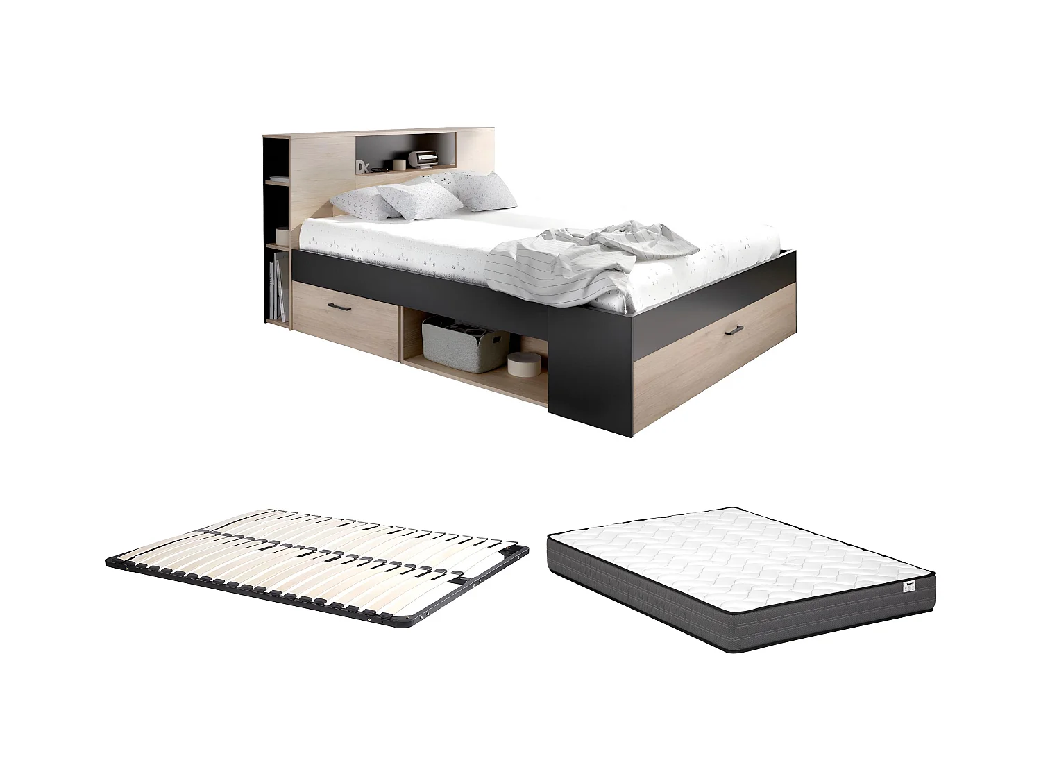 Lit avec tête de lit rangements et tiroirs - 160 x 200 cm - Coloris : Naturel et anthracite + Sommier + Matelas - LEANDRE