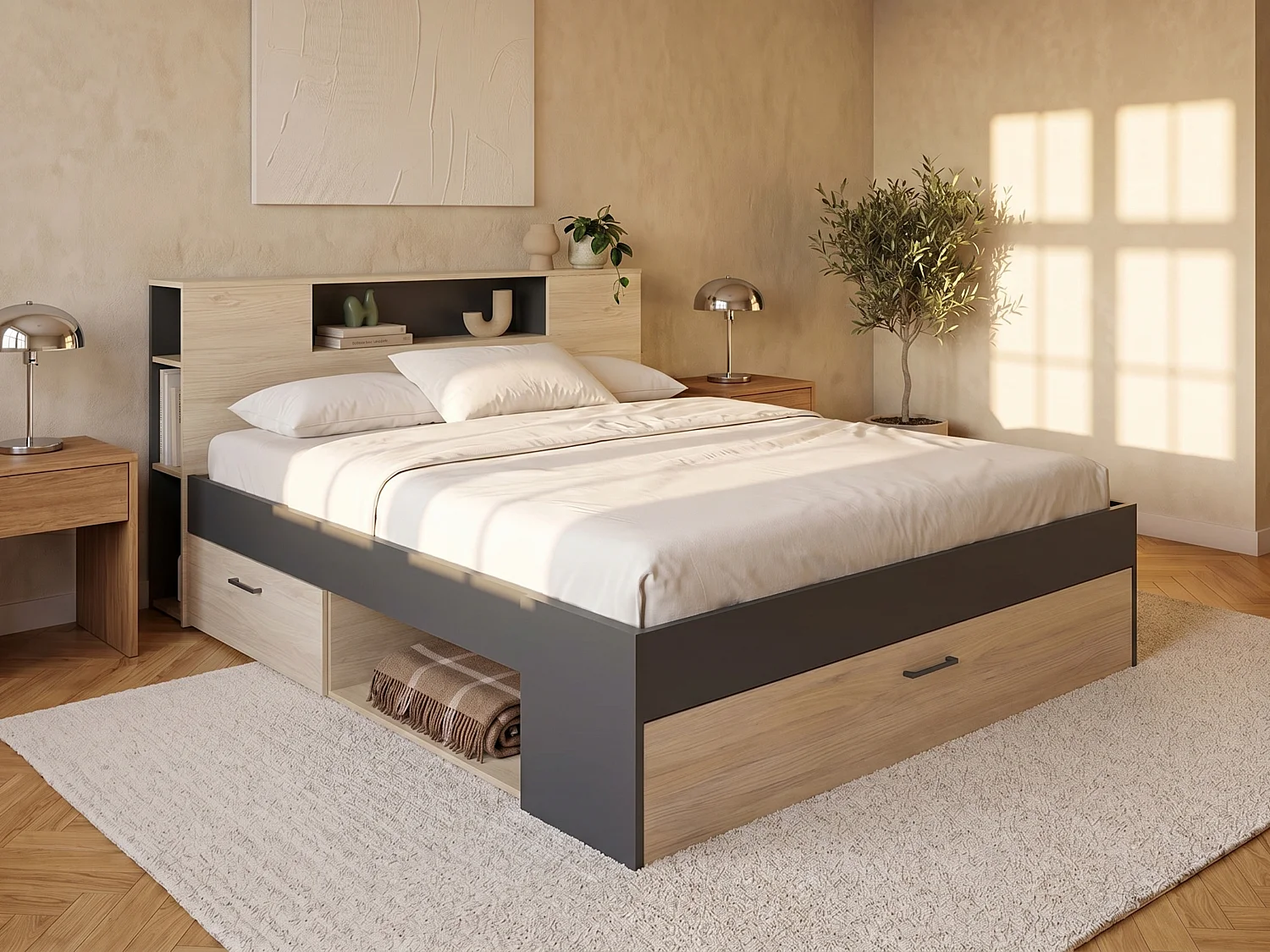 Lit avec tête de lit rangements et tiroirs - 160 x 200 cm - Coloris : Naturel et anthracite + Sommier + Matelas - LEANDRE