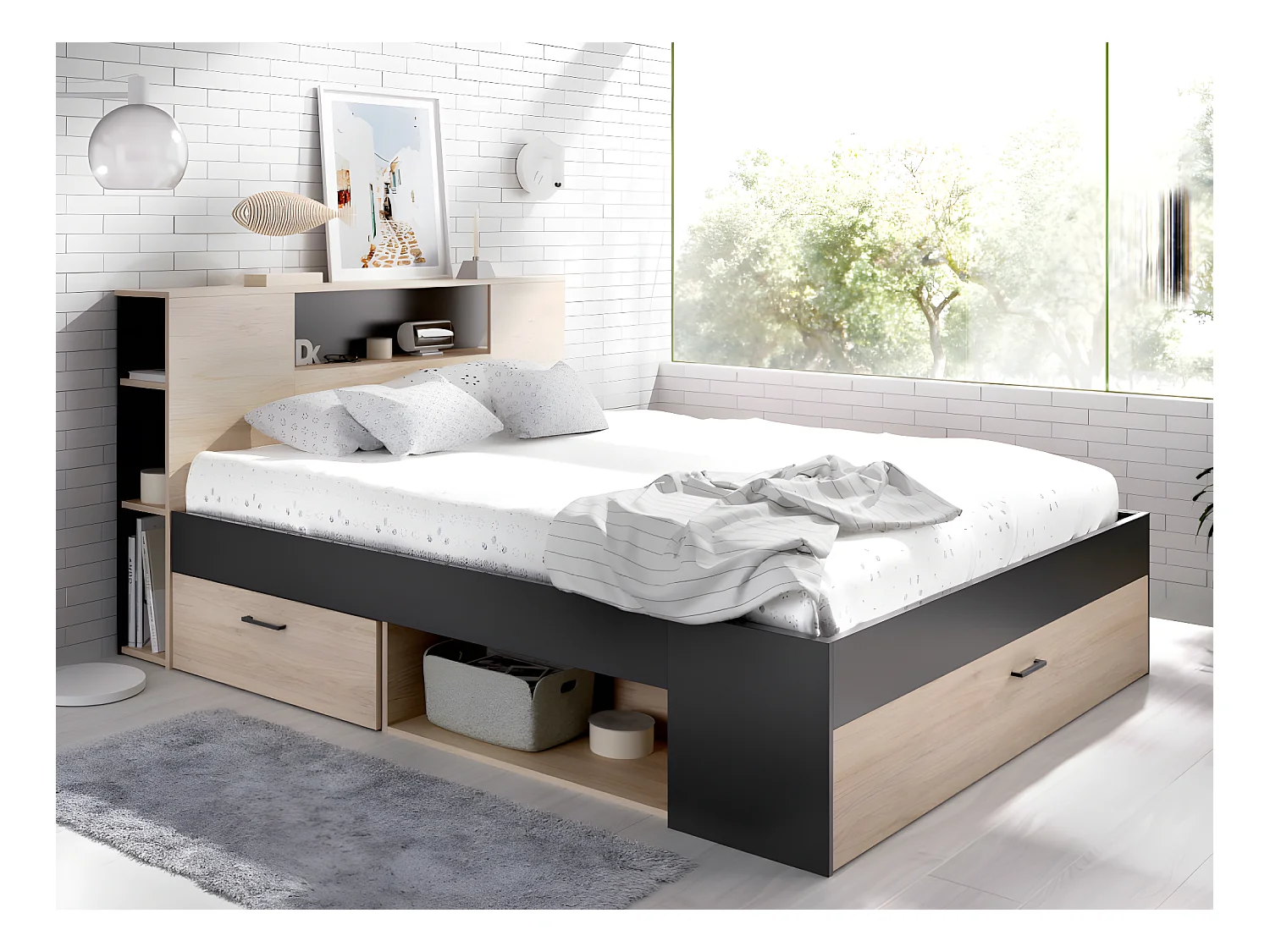Lit avec tête de lit rangements et tiroirs - 140 x 190 cm - Coloris : Naturel et anthracite + Sommier + Matelas - LEANDRE