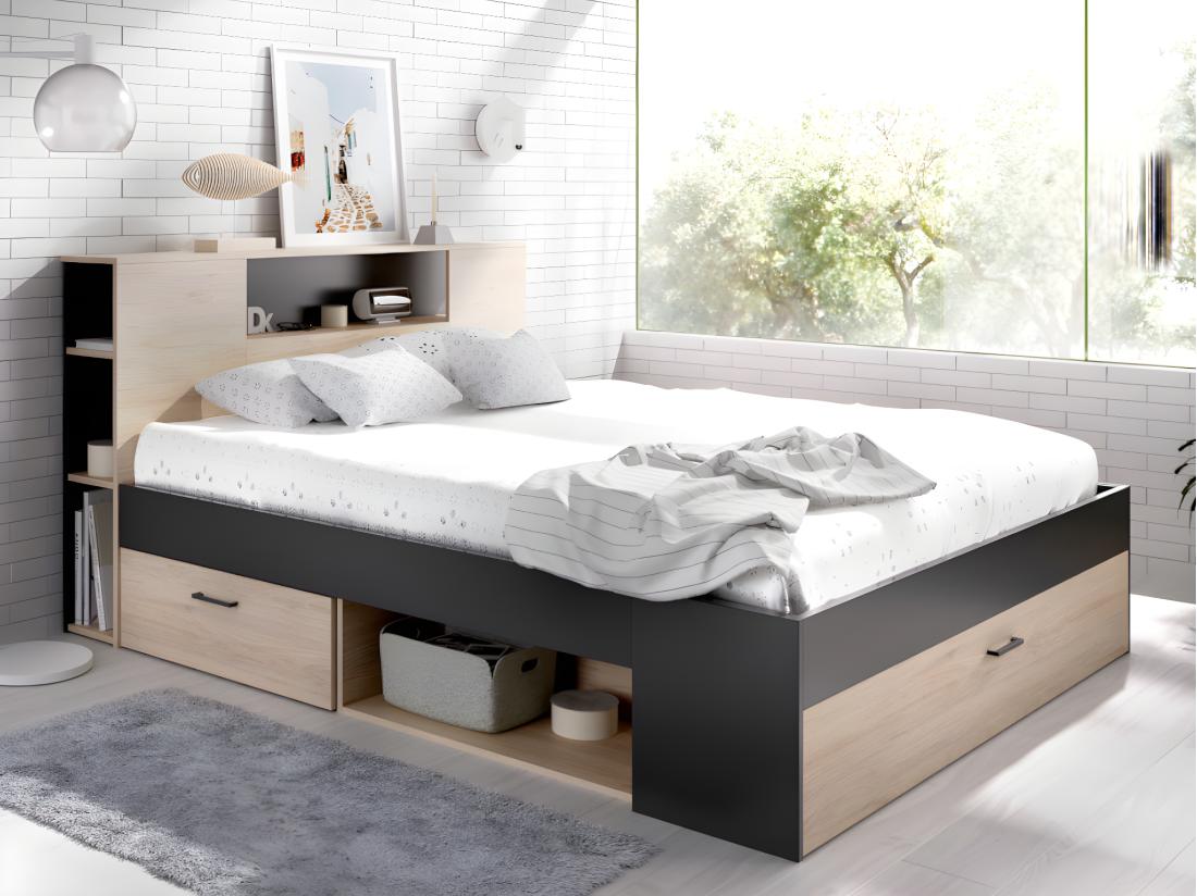 vente unique Lit avec tête de lit rangements et tiroirs - 140 x 190 cm - Coloris : Naturel et anthracite + Sommier + Matelas - LEANDRE