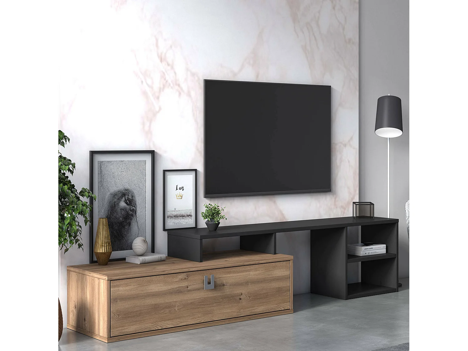 Meuble TV de salon modulable, 160 x 40 x 38 cm, coloris chêne et anthracite