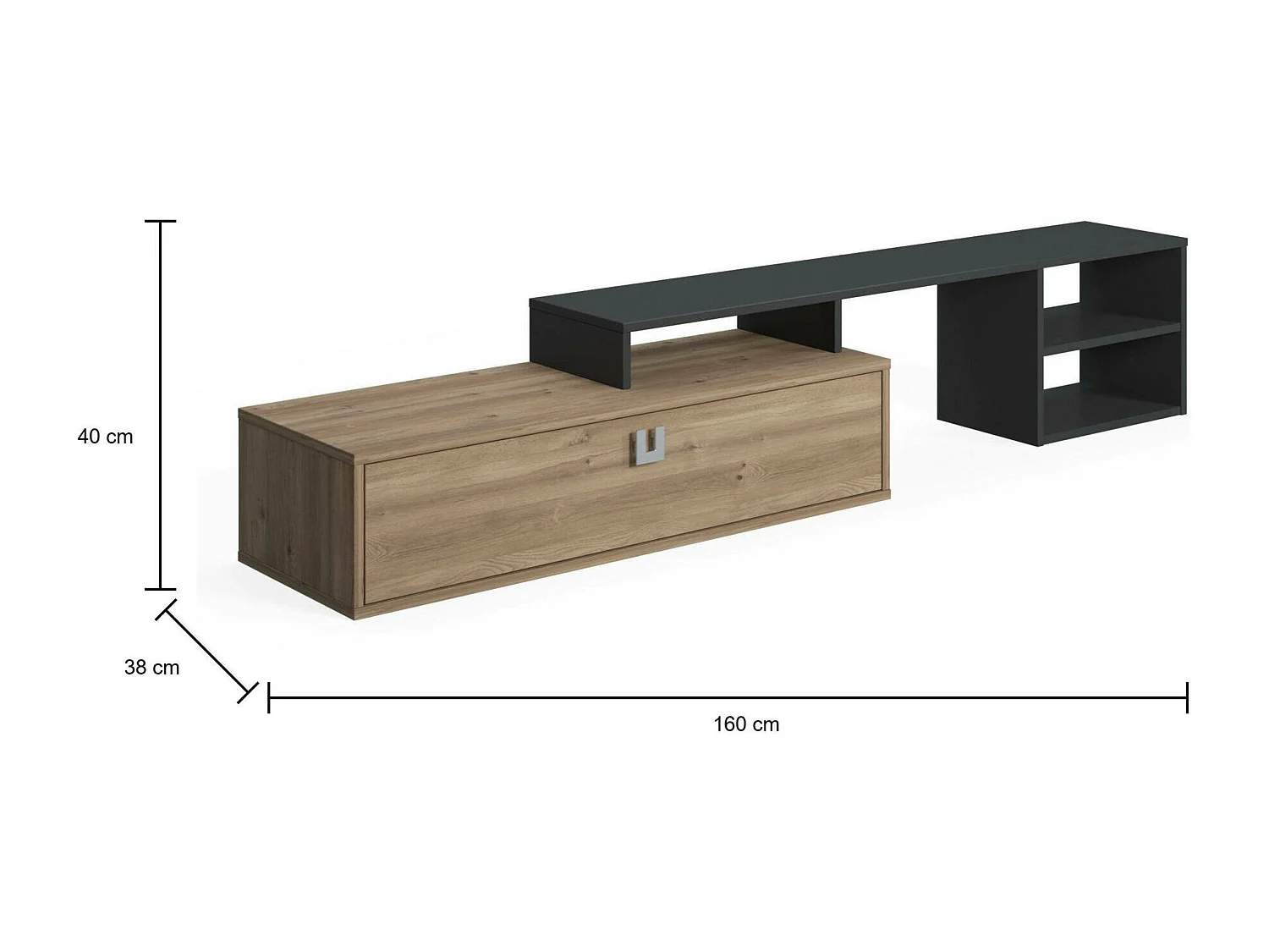 Meuble TV de salon modulable, 160 x 40 x 38 cm, coloris chêne et anthracite