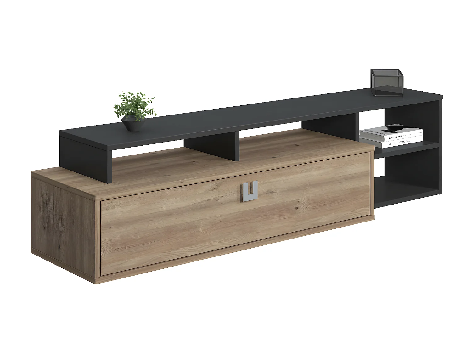 Meuble TV de salon modulable, 160 x 40 x 38 cm, coloris chêne et anthracite