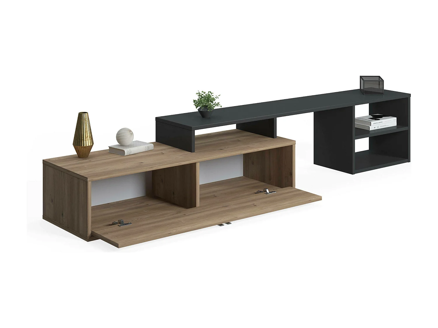 Meuble TV de salon modulable, 160 x 40 x 38 cm, coloris chêne et anthracite