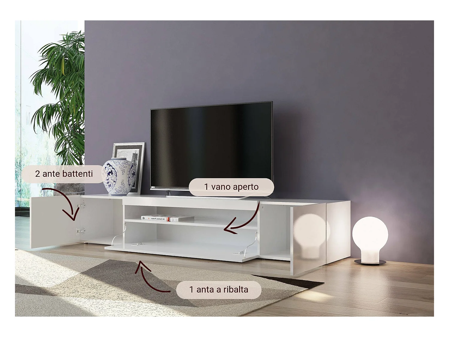 Dmora - Mobile porta TV Amore, cm 200x40h37, Bianco lucido