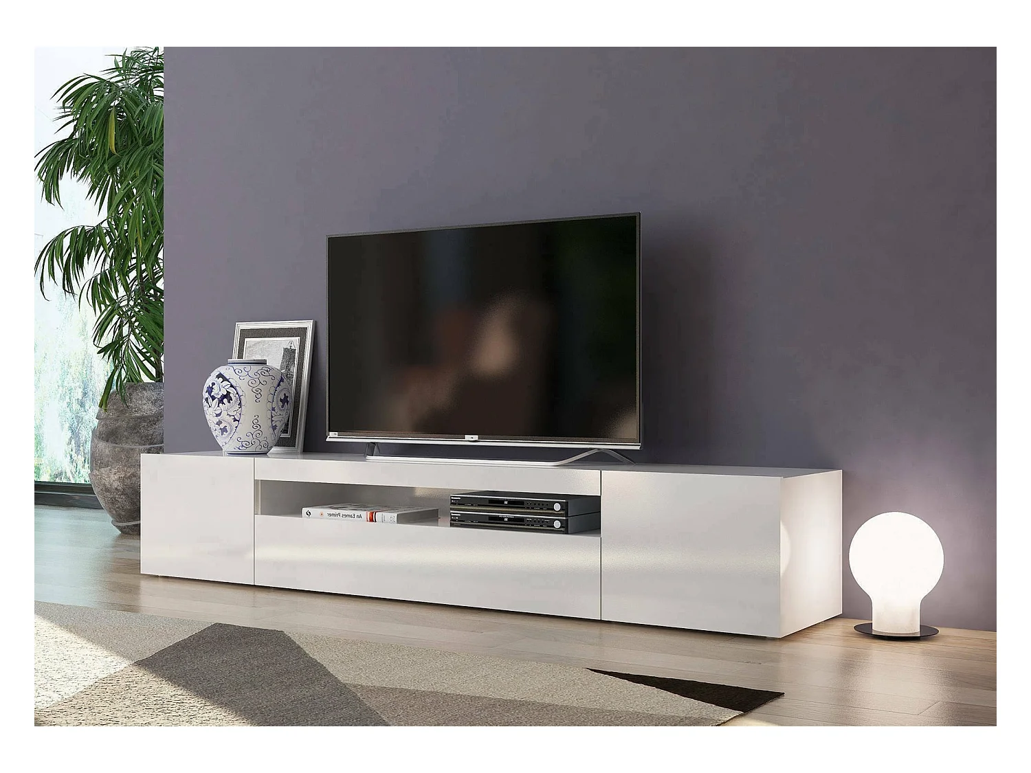 Meuble TV Dafrim, Buffet bas de salon avec 3 portes, Base pour meuble TV, 100% Made in Italy, 200x40h37 cm, Blanc brillant