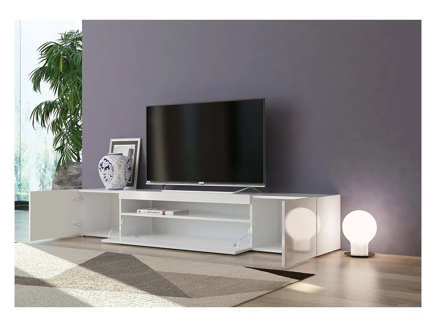 Meuble TV Dafrim, Buffet bas de salon avec 3 portes, Base pour meuble TV, 100% Made in Italy, 200x40h37 cm, Blanc brillant