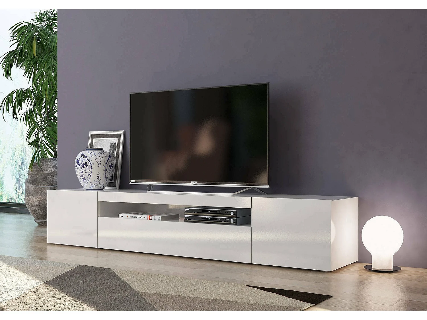 Meuble TV Dafrim, Buffet bas de salon avec 3 portes, Base pour meuble TV, 100% Made in Italy, 200x40h37 cm, Blanc brillant