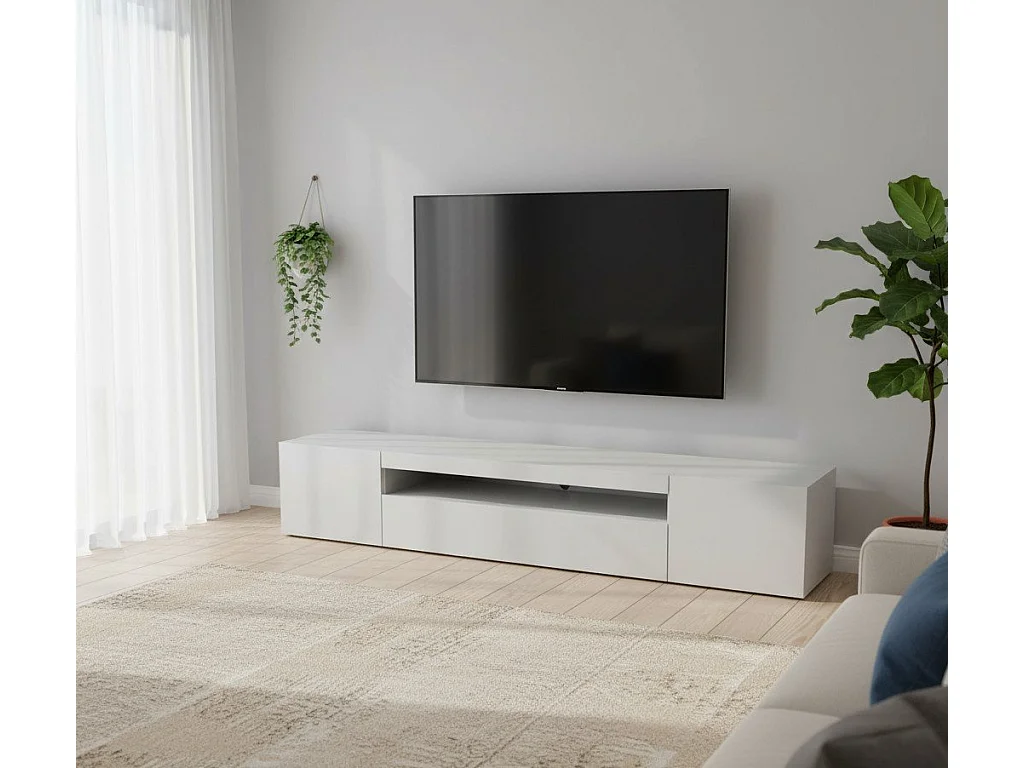 Mueble de televisión Dafrim, Aparador bajo para salón con 3 puertas, base soporte TV, 100% Made in Italy, cm 200x40h37, Blanco brillo