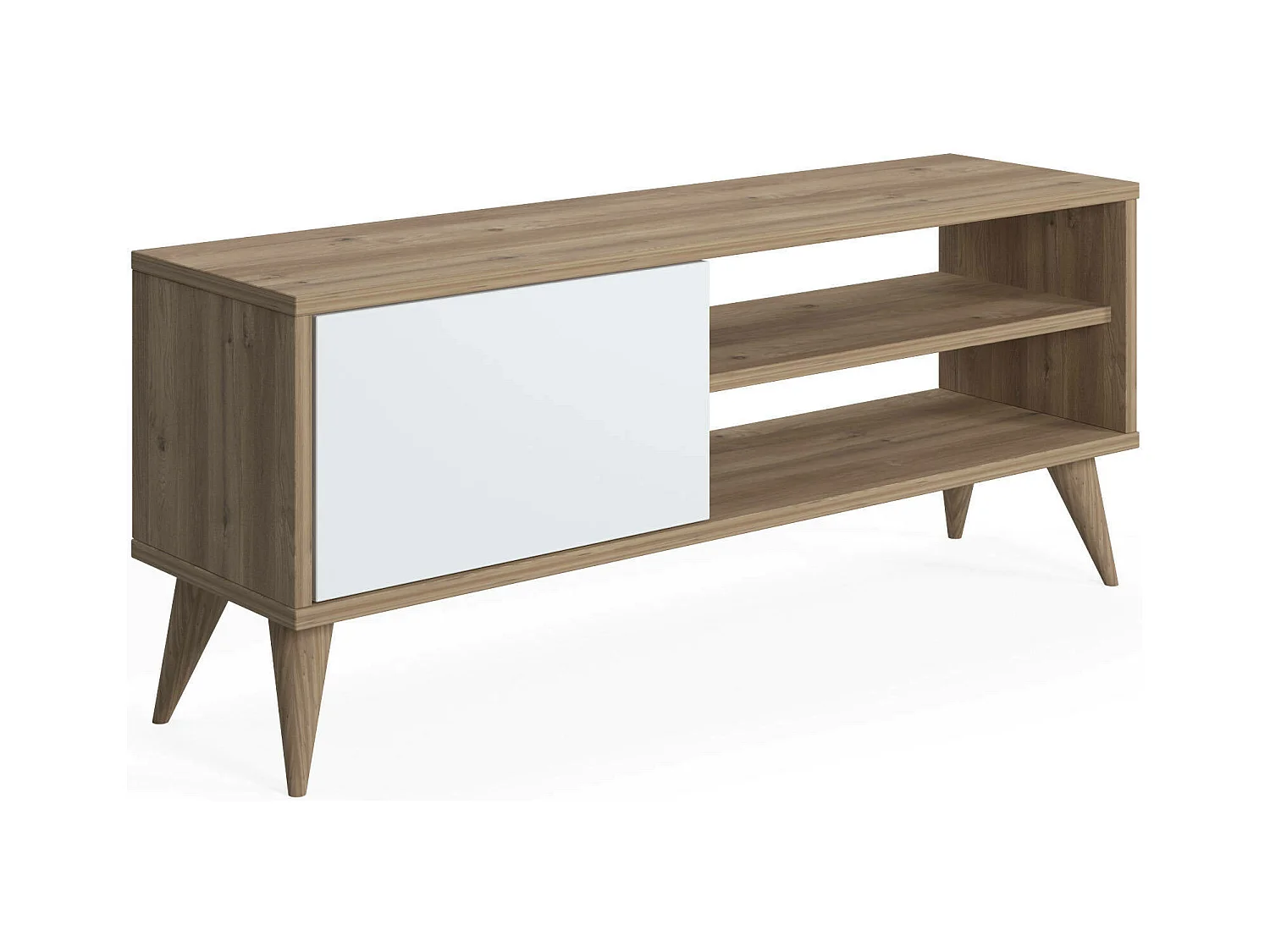 Meuble TV de salon avec une porte battante et compartiments, 110 x 30 x 45 cm, couleur chêne avec détail blanc