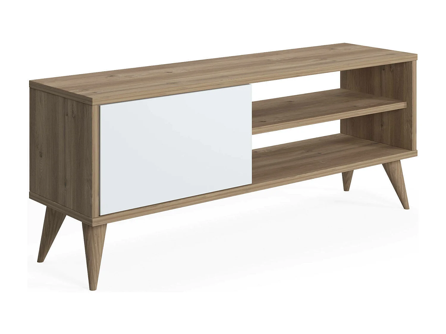 Meuble TV de salon avec une porte battante et compartiments, 110 x 30 x 45 cm, couleur chêne avec détail blanc