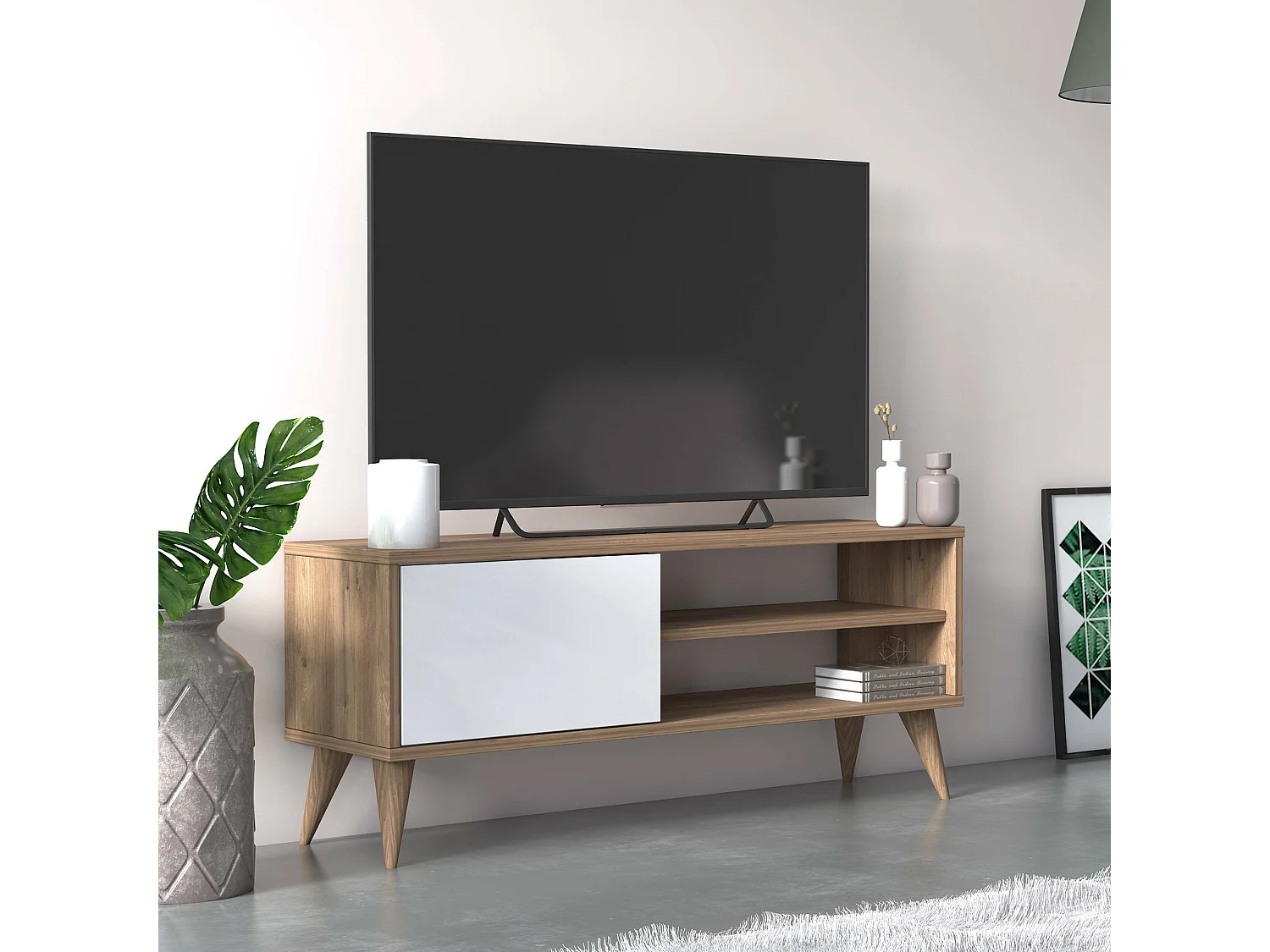 Meuble TV de salon avec une porte battante et compartiments, 110 x 30 x 45 cm, couleur chêne avec détail blanc