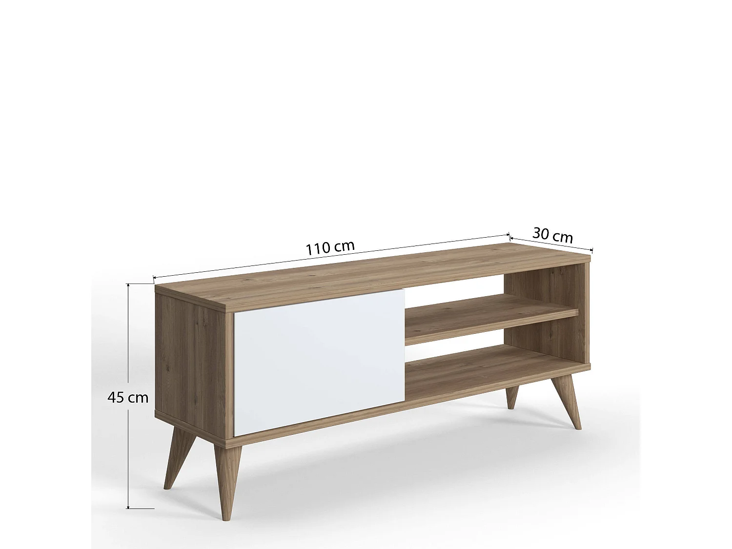 Meuble TV de salon avec une porte battante et compartiments, 110 x 30 x 45 cm, couleur chêne avec détail blanc