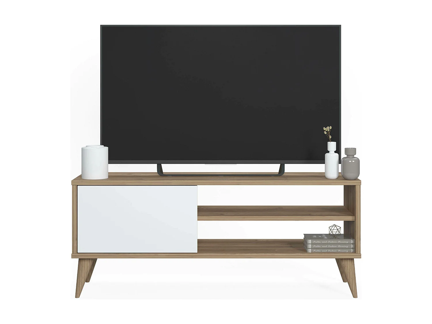 Meuble TV de salon avec une porte battante et compartiments, 110 x 30 x 45 cm, couleur chêne avec détail blanc
