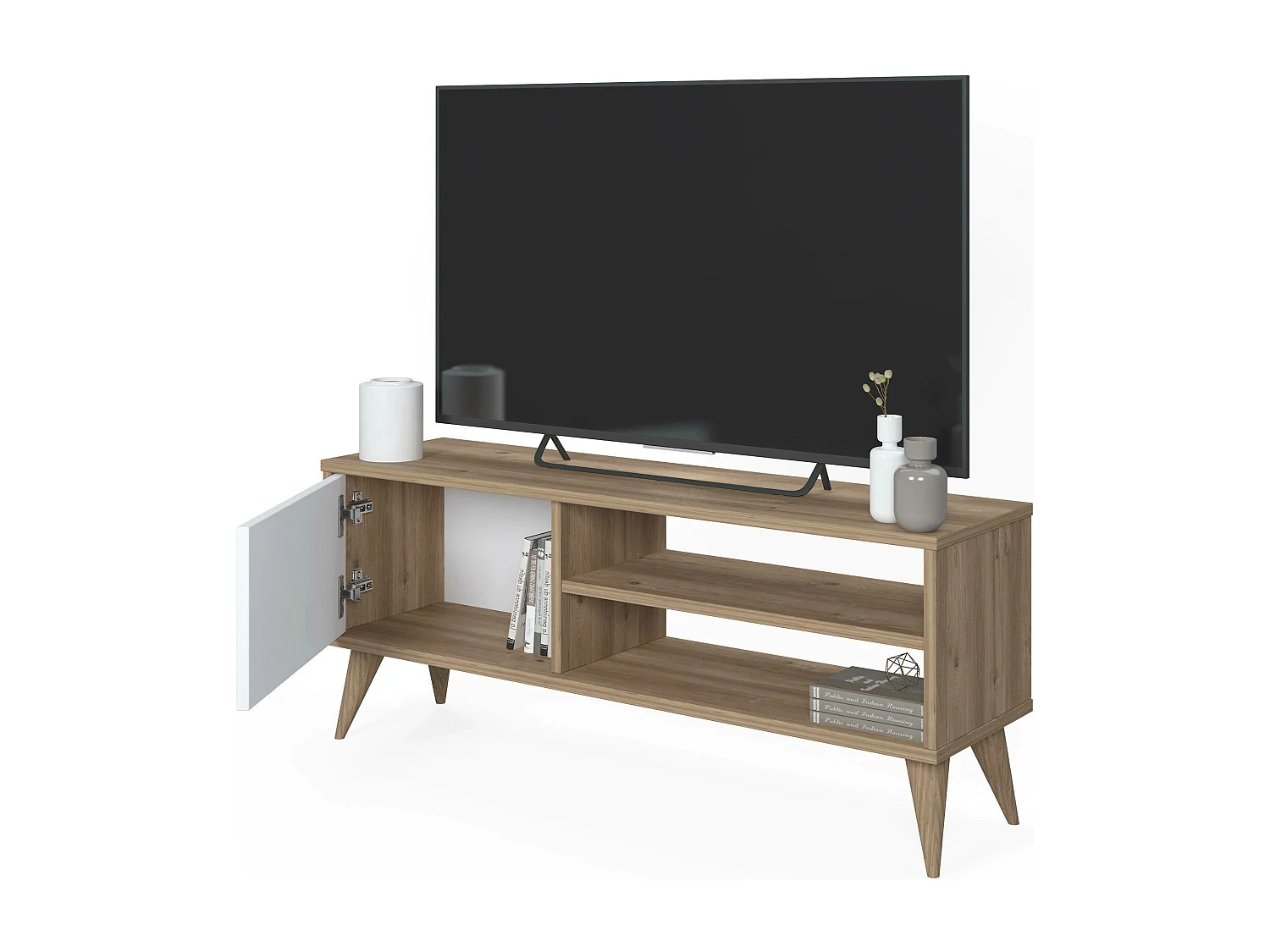 Meuble TV de salon avec une porte battante et compartiments, 110 x 30 x 45 cm, couleur chêne avec détail blanc