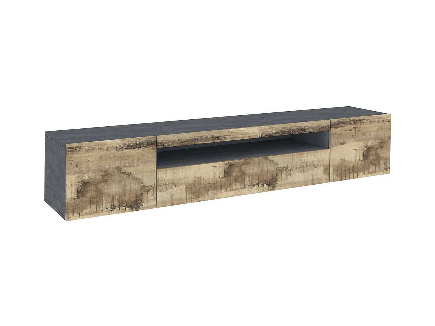 Meuble TV Dmarso, Buffet bas de salon avec 3 portes, Base pour meuble TV, 100% Made in Italy, 200x40h37 cm, Ardoise et Érable, avec lumière LED