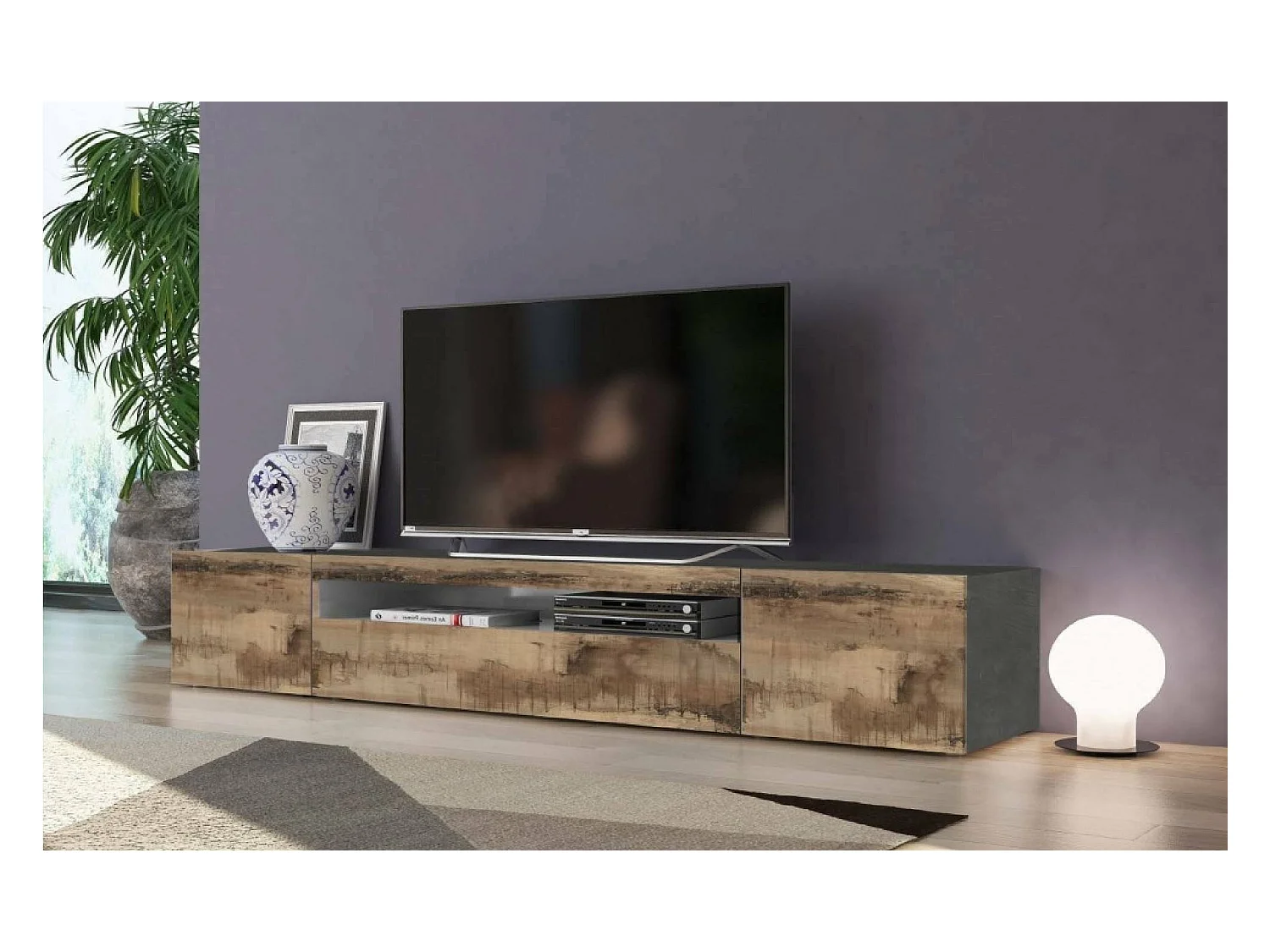 Meuble TV Dmarso, Buffet bas de salon avec 3 portes, Base pour meuble TV, 100% Made in Italy, 200x40h37 cm, Ardoise et Érable, avec lumière LED