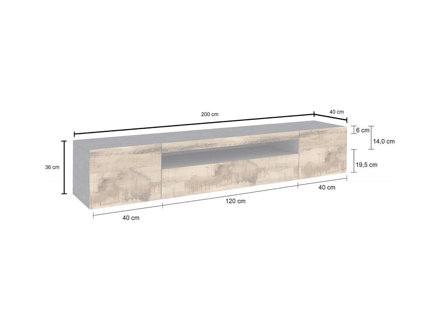 Meuble TV Dmarso, Buffet bas de salon avec 3 portes, Base pour meuble TV, 100% Made in Italy, 200x40h37 cm, Ardoise et Érable, avec lumière LED