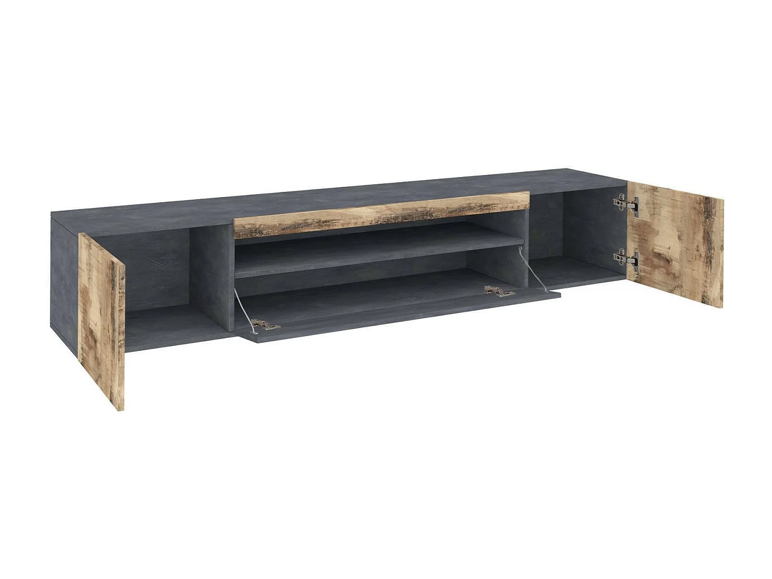 Meuble TV Dmarso, Buffet bas de salon avec 3 portes, Base pour meuble TV, 100% Made in Italy, 200x40h37 cm, Ardoise et Érable, avec lumière LED