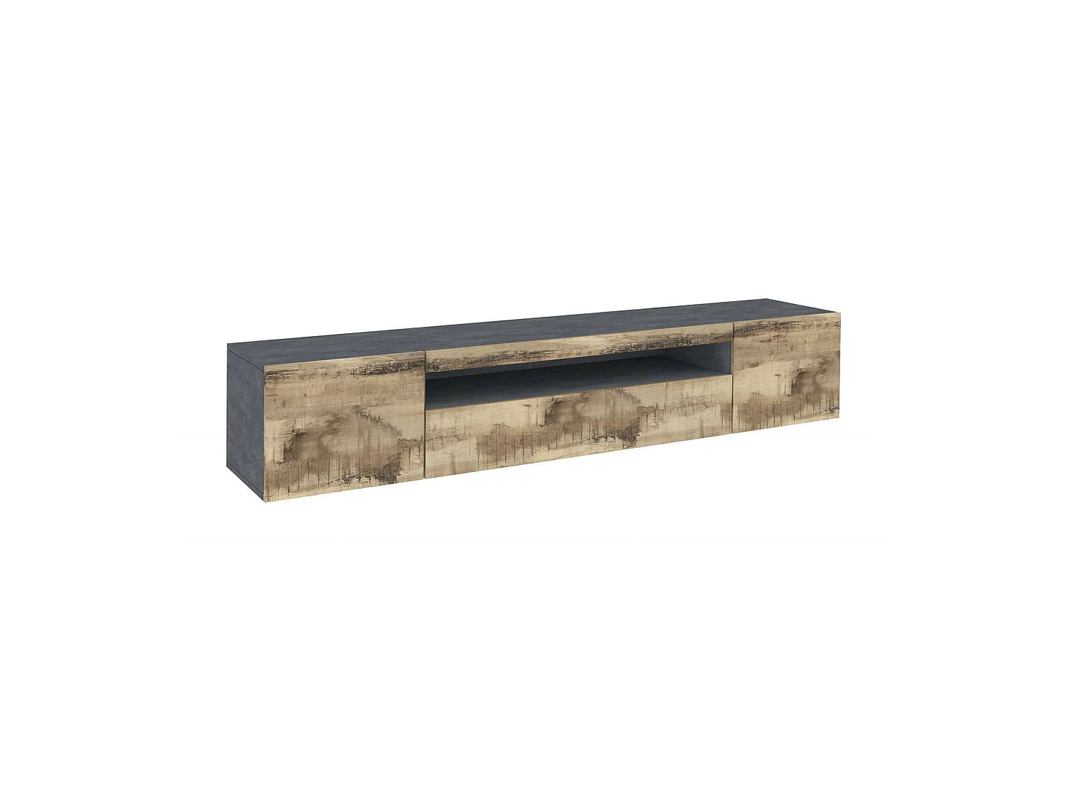 Dmarso TV-meubel, Laag woonkamerdressoir met 3 deuren, TV-meubelbasis, 100% Made in Italy, 200x40h37 cm, Leisteen en Esdoorn, met LED-licht