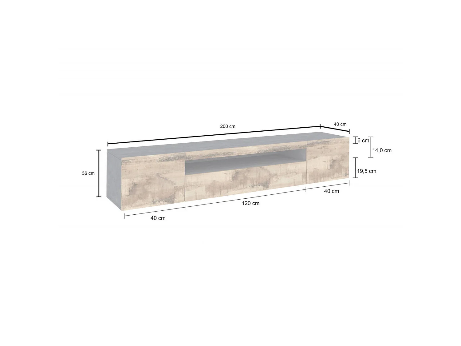 Dmarso TV-meubel, Laag woonkamerdressoir met 3 deuren, TV-meubelbasis, 100% Made in Italy, 200x40h37 cm, Leisteen en Esdoorn, met LED-licht