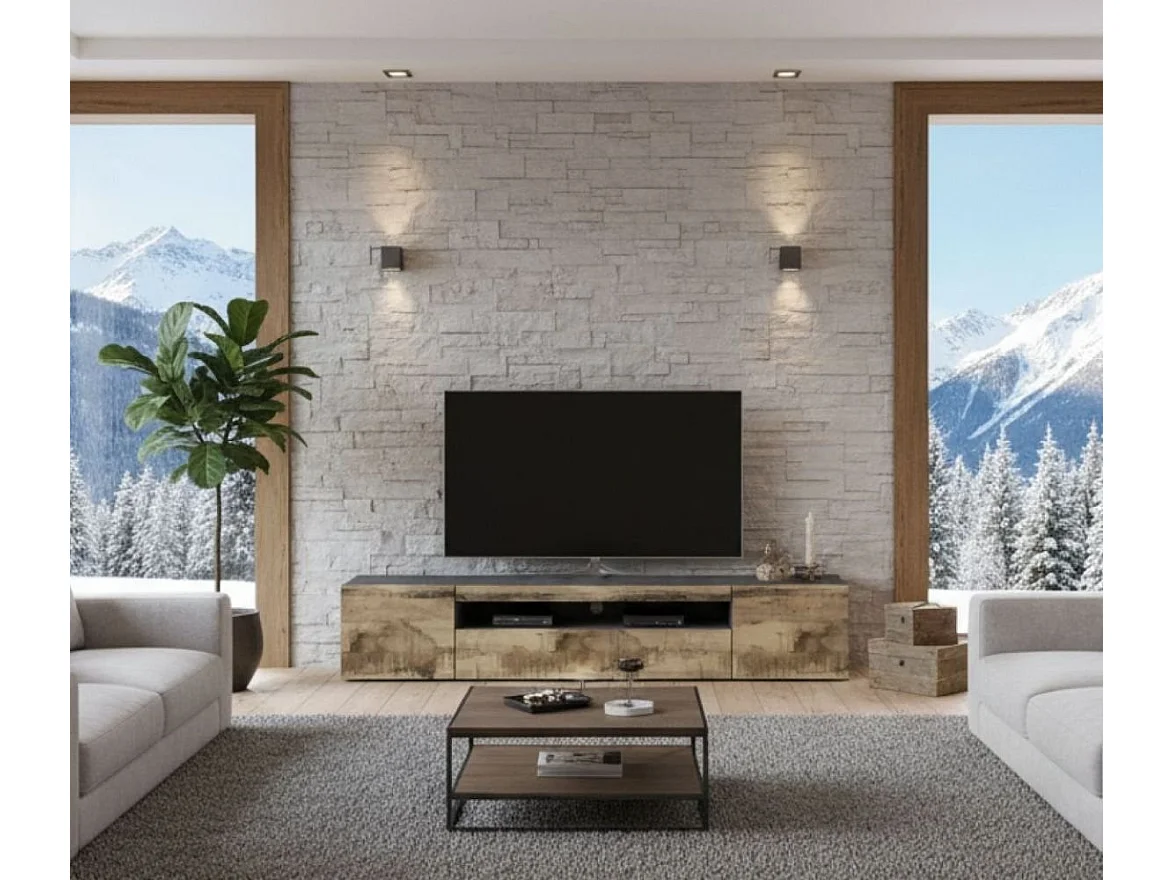 Dmarso TV-meubel, Laag woonkamerdressoir met 3 deuren, TV-meubelbasis, 100% Made in Italy, 200x40h37 cm, Leisteen en Esdoorn, met LED-licht