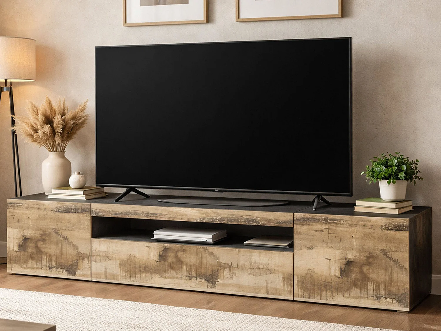 Dmarso TV-meubel, Laag woonkamerdressoir met 3 deuren, TV-meubelbasis, 100% Made in Italy, 200x40h37 cm, Leisteen en Esdoorn, met LED-licht
