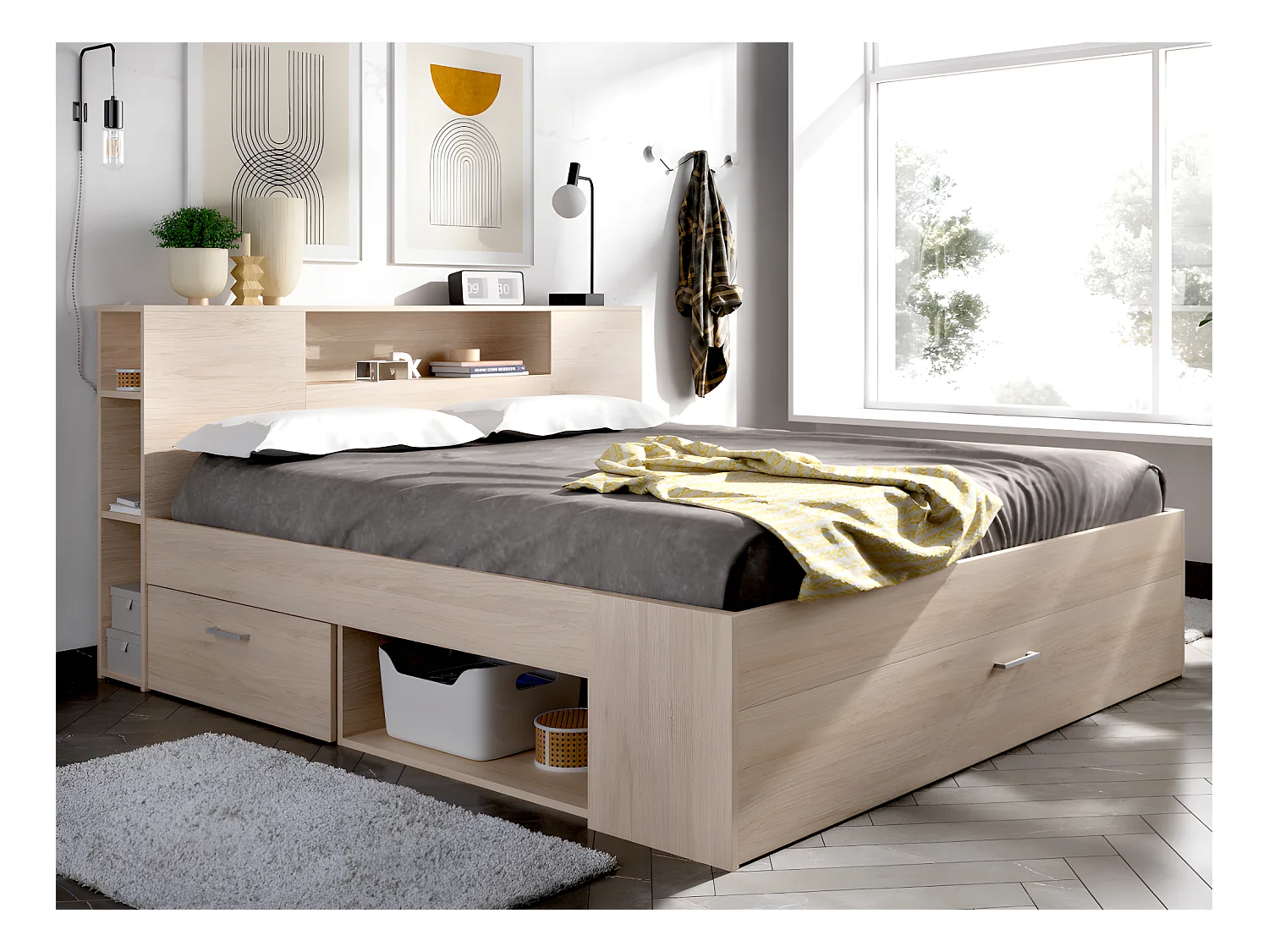 Lit avec tête de lit rangements et tiroirs - 140 x 190 cm - Coloris : Naturel + Sommier + Matelas - LEANDRE