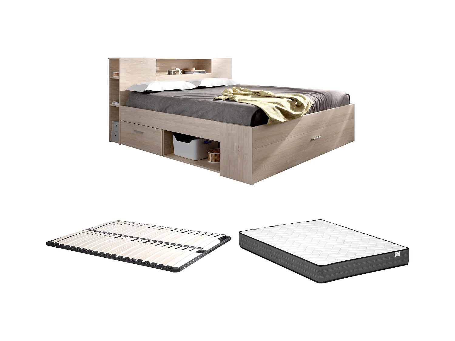 Bed met hoofdeinde met opbergruimte en lades - 140 x 190 cm - Kleur: naturel + bedbodem + matras - LEANDRE
