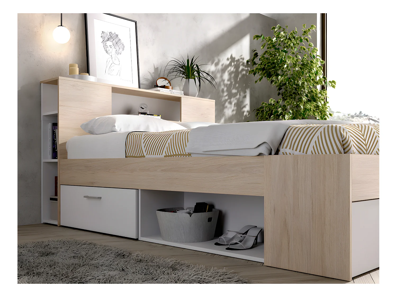 Lit avec tête de lit rangements et tiroirs - 140 x 190 cm - Coloris : Naturel et blanc + Sommier + Matelas - LEANDRE