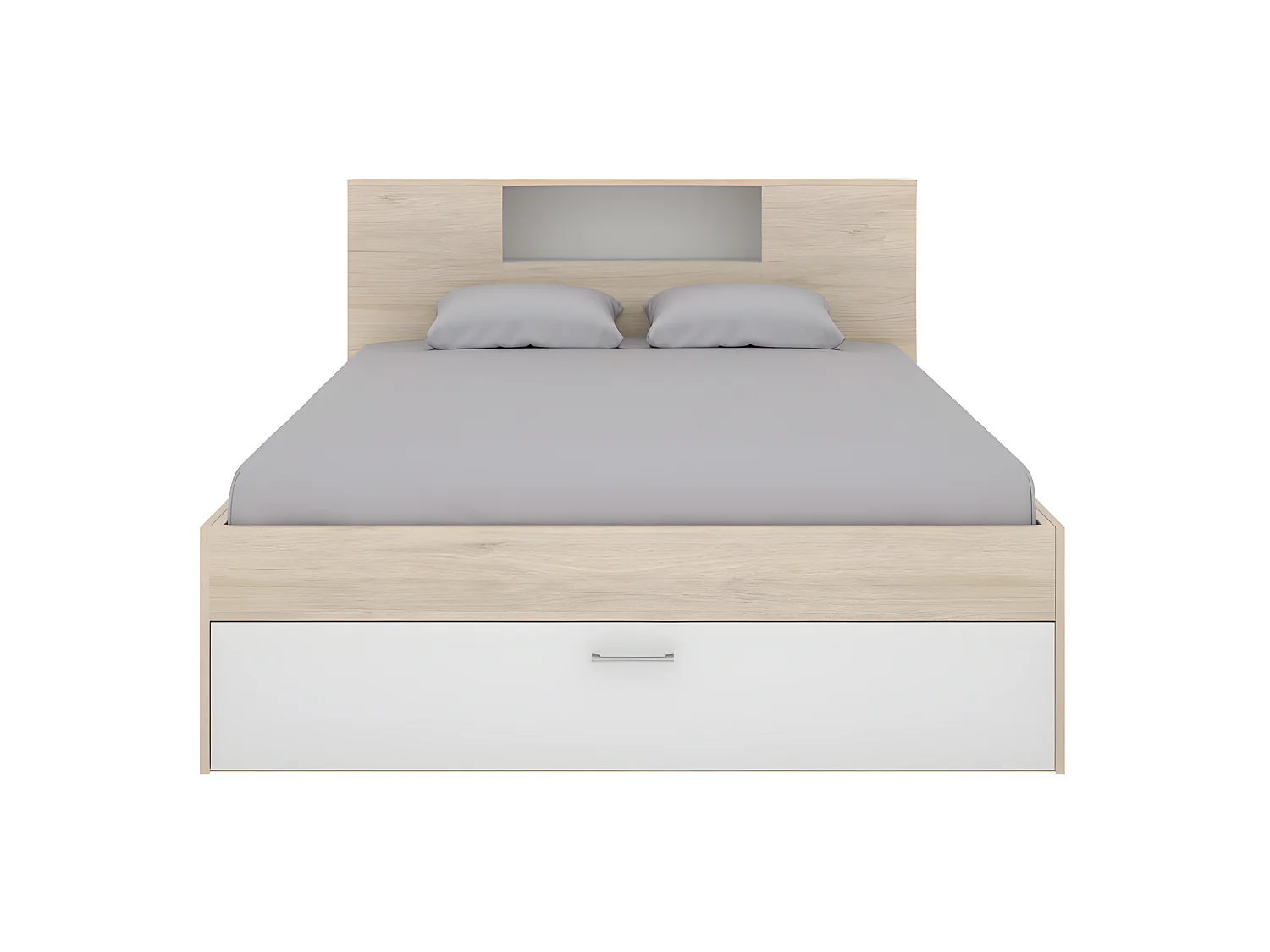 Lit avec tête de lit rangements et tiroirs - 140 x 190 cm - Coloris : Naturel et blanc + Sommier + Matelas - LEANDRE