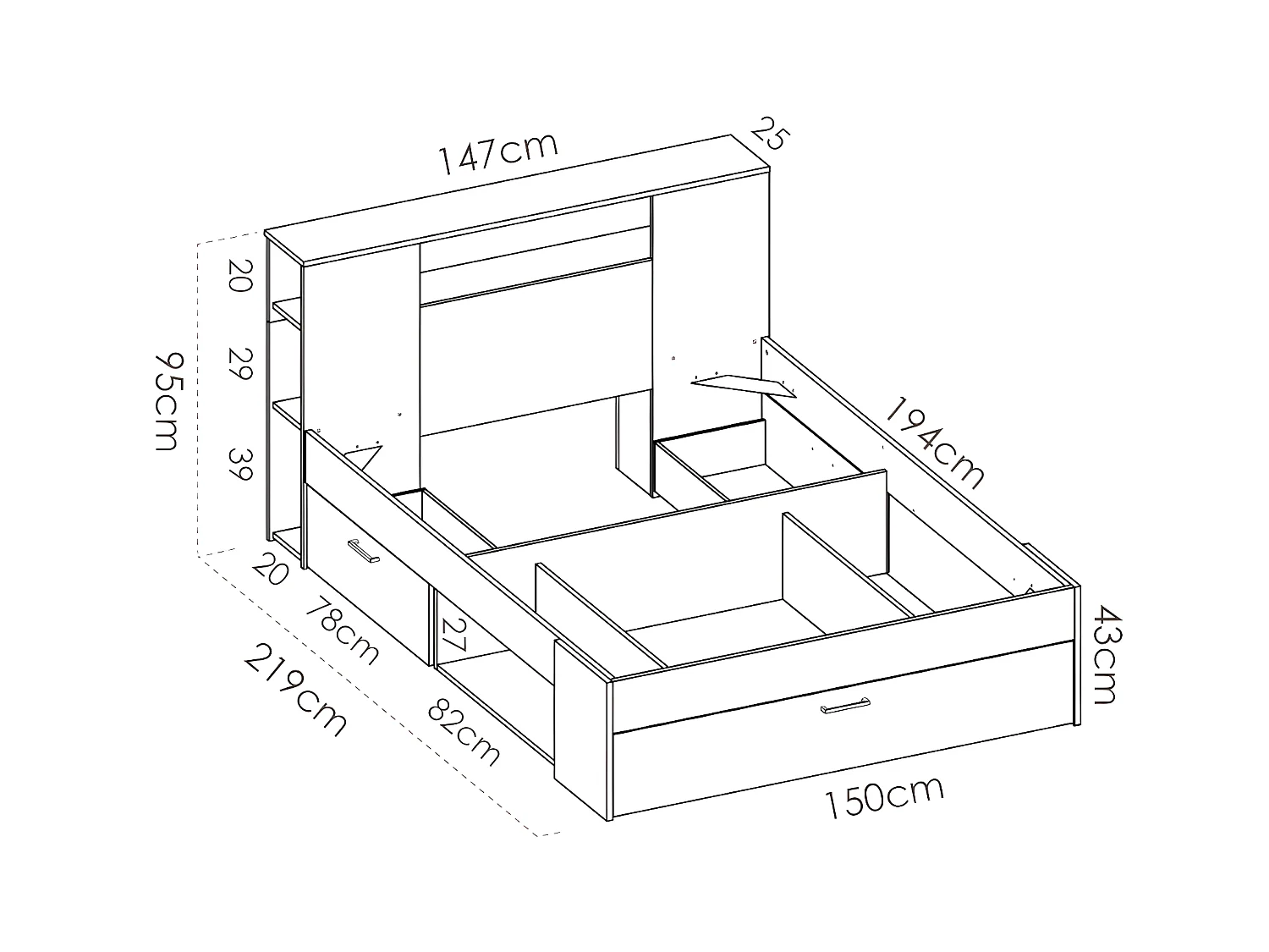 Lit avec tête de lit rangements et tiroirs - 140 x 190 cm - Coloris : Naturel et blanc + Sommier + Matelas - LEANDRE
