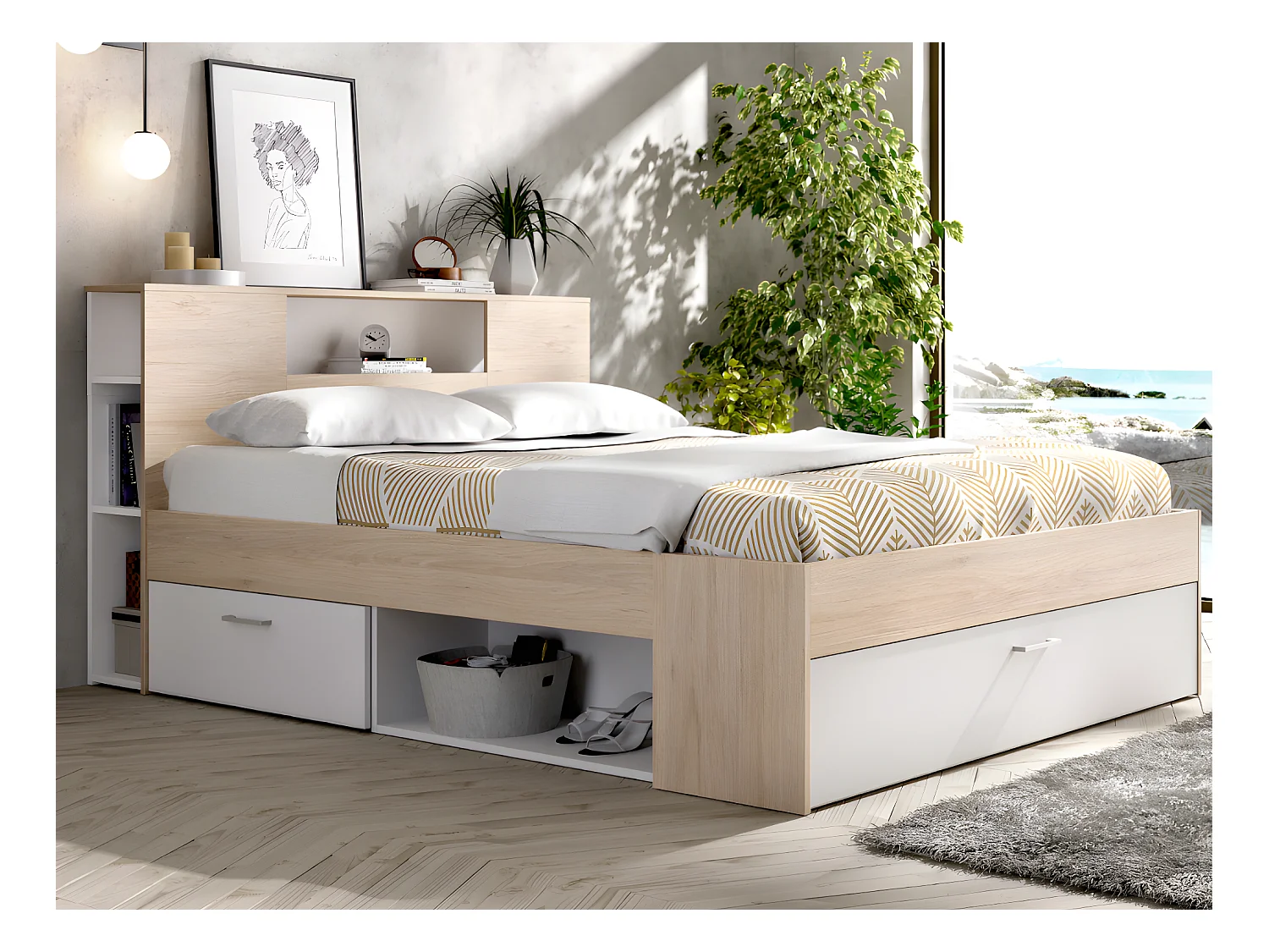 Lit avec tête de lit rangements et tiroirs - 140 x 190 cm - Coloris : Naturel et blanc + Sommier + Matelas - LEANDRE