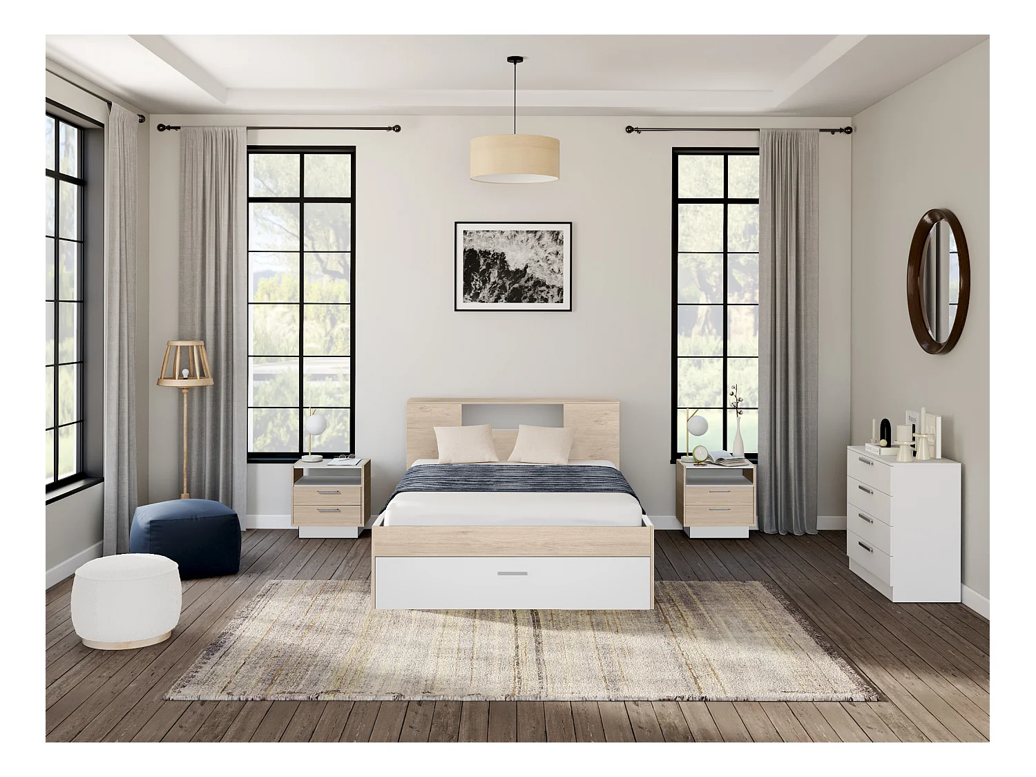 Lit avec tête de lit rangements et tiroirs - 140 x 190 cm - Coloris : Naturel et blanc + Sommier + Matelas - LEANDRE