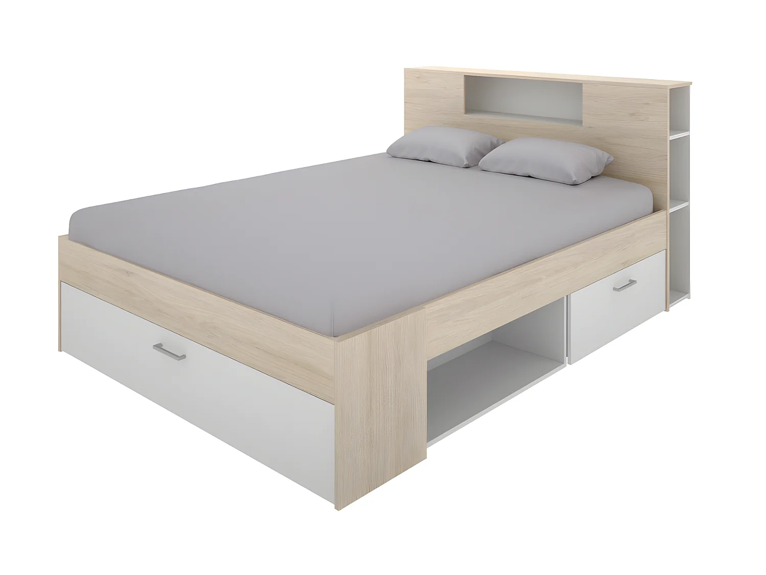 Letto con testata con vani portaoggetti e cassetti 140 x 190 cm: Naturale e Bianco + Rete + Materasso LEANDRE
