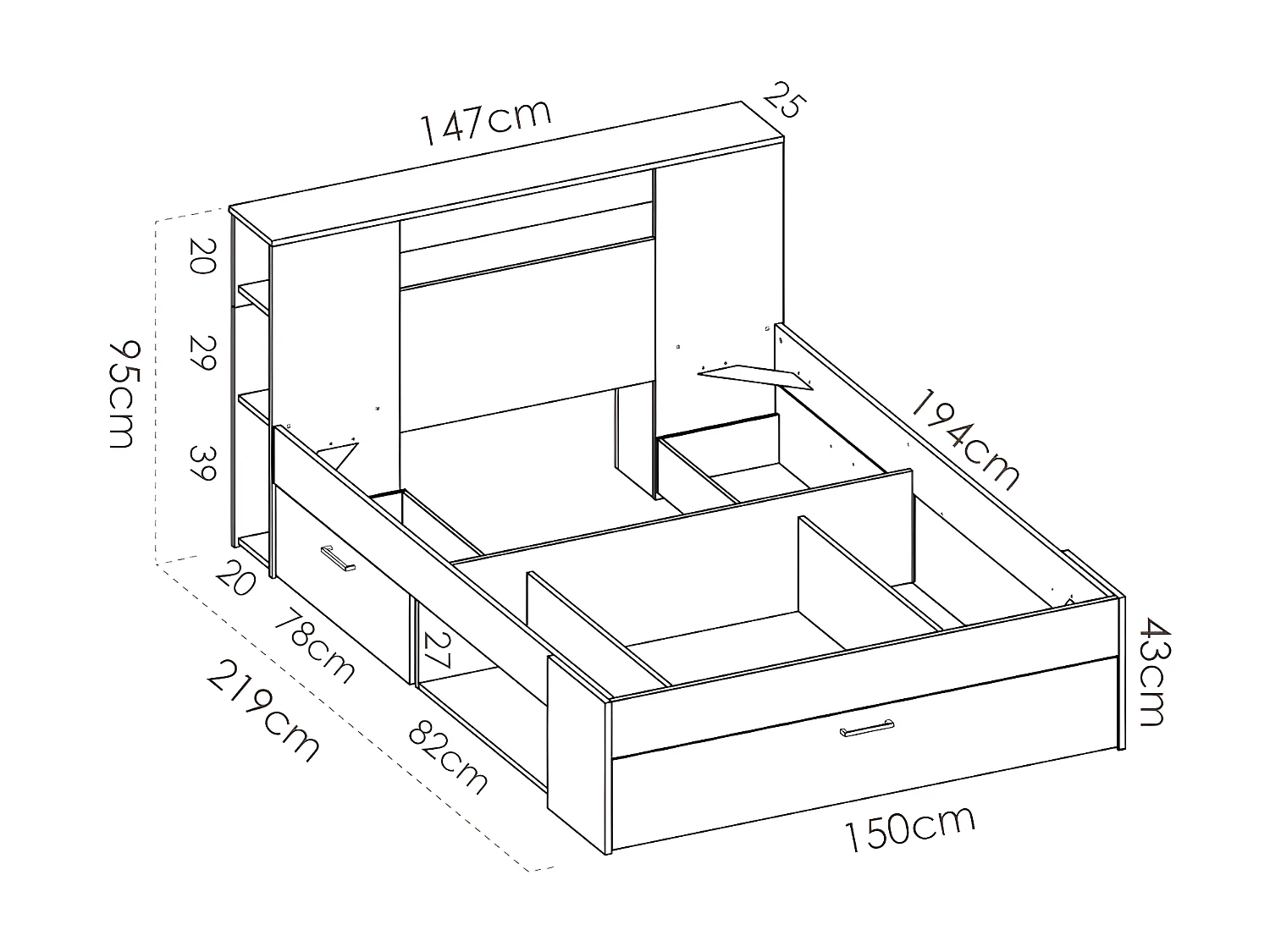 Letto con testata con vani portaoggetti e cassetti 140 x 190 cm: Naturale e Bianco + Rete + Materasso LEANDRE