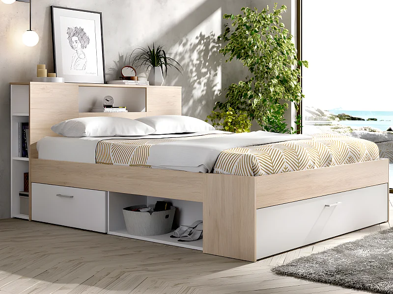 Lit avec tête de lit rangements et tiroirs - 140 x 190 cm - Coloris : Naturel et blanc + Sommier + Matelas - LEANDRE