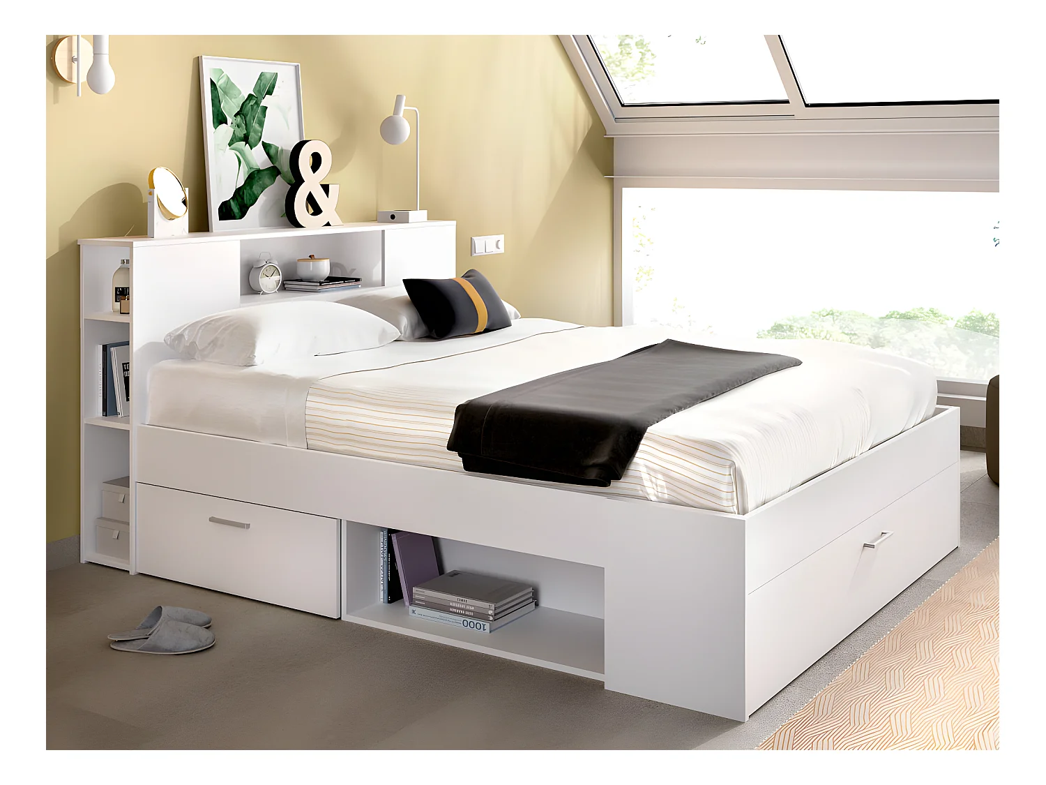 Lit avec tête de lit rangements et tiroirs - 140 x 190 cm - Coloris : Blanc + Sommier + Matelas - LEANDRE