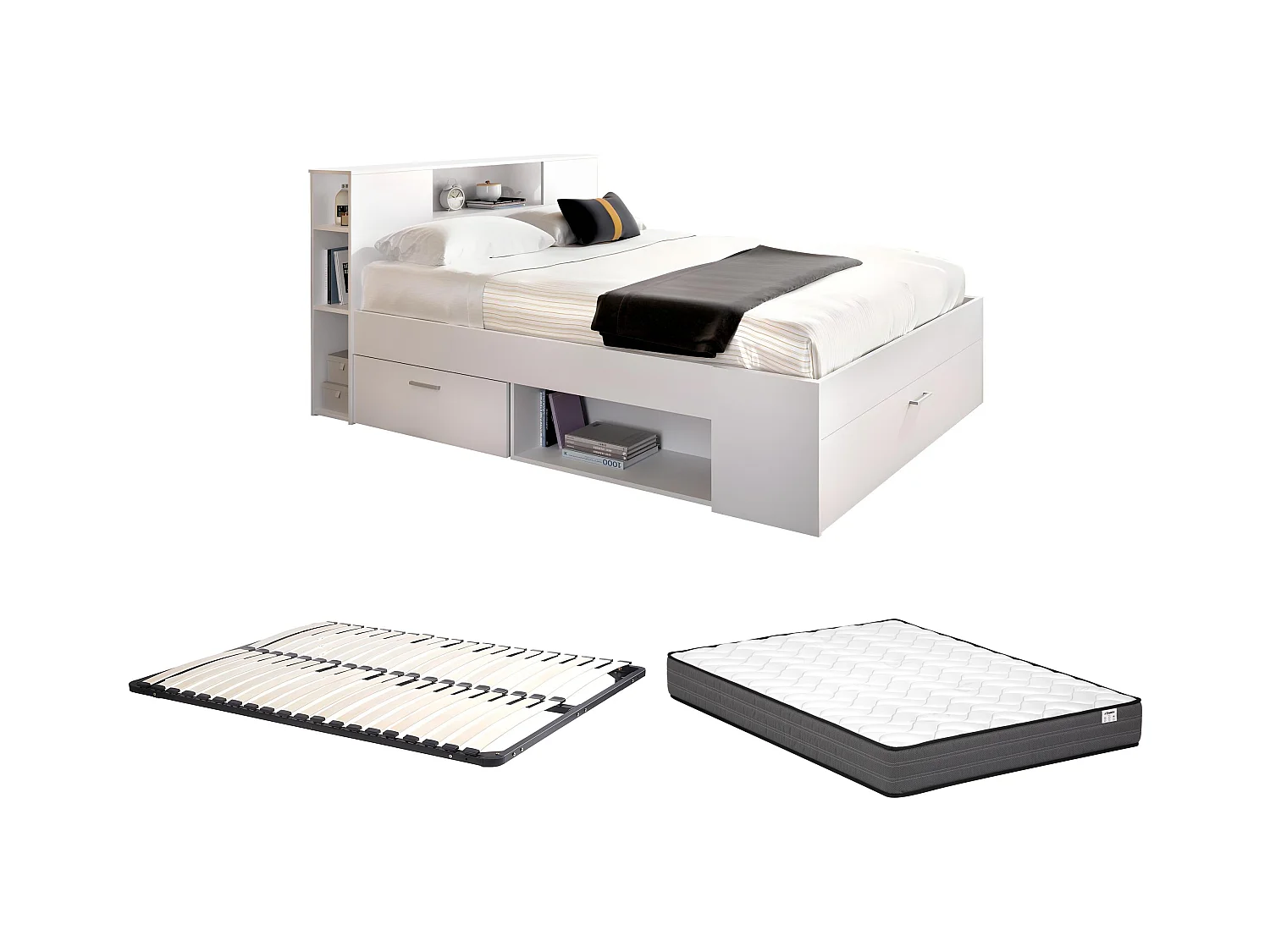 Letto con testata con vani portaoggetti e cassetti 140 x 190 cm: Bianco + Rete + Materasso LEANDRE