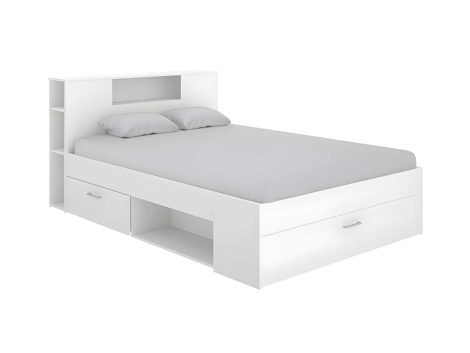 Letto con testata con vani portaoggetti e cassetti 140 x 190 cm: Bianco + Rete + Materasso LEANDRE