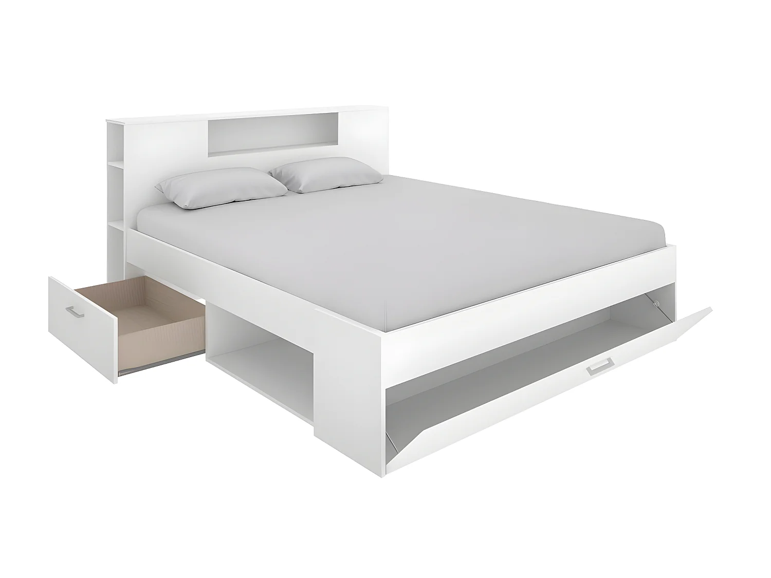 Letto con testata con vani portaoggetti e cassetti 140 x 190 cm: Bianco + Rete + Materasso LEANDRE