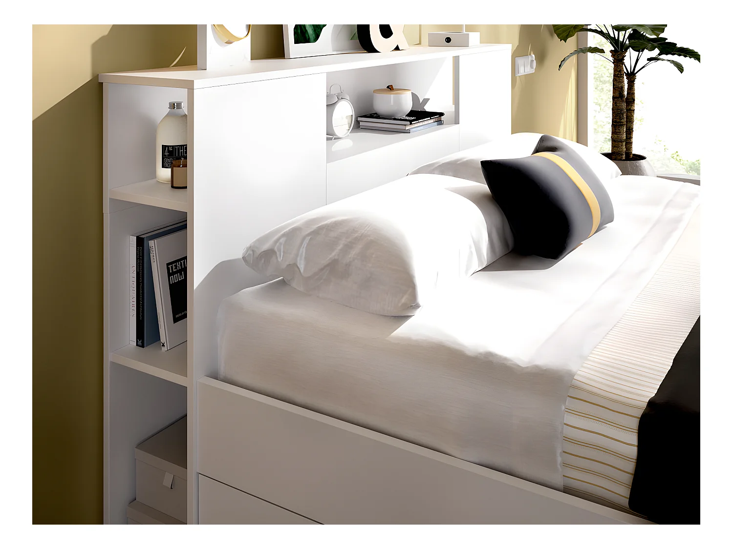Letto con testata con vani portaoggetti e cassetti 140 x 190 cm: Bianco + Rete + Materasso LEANDRE