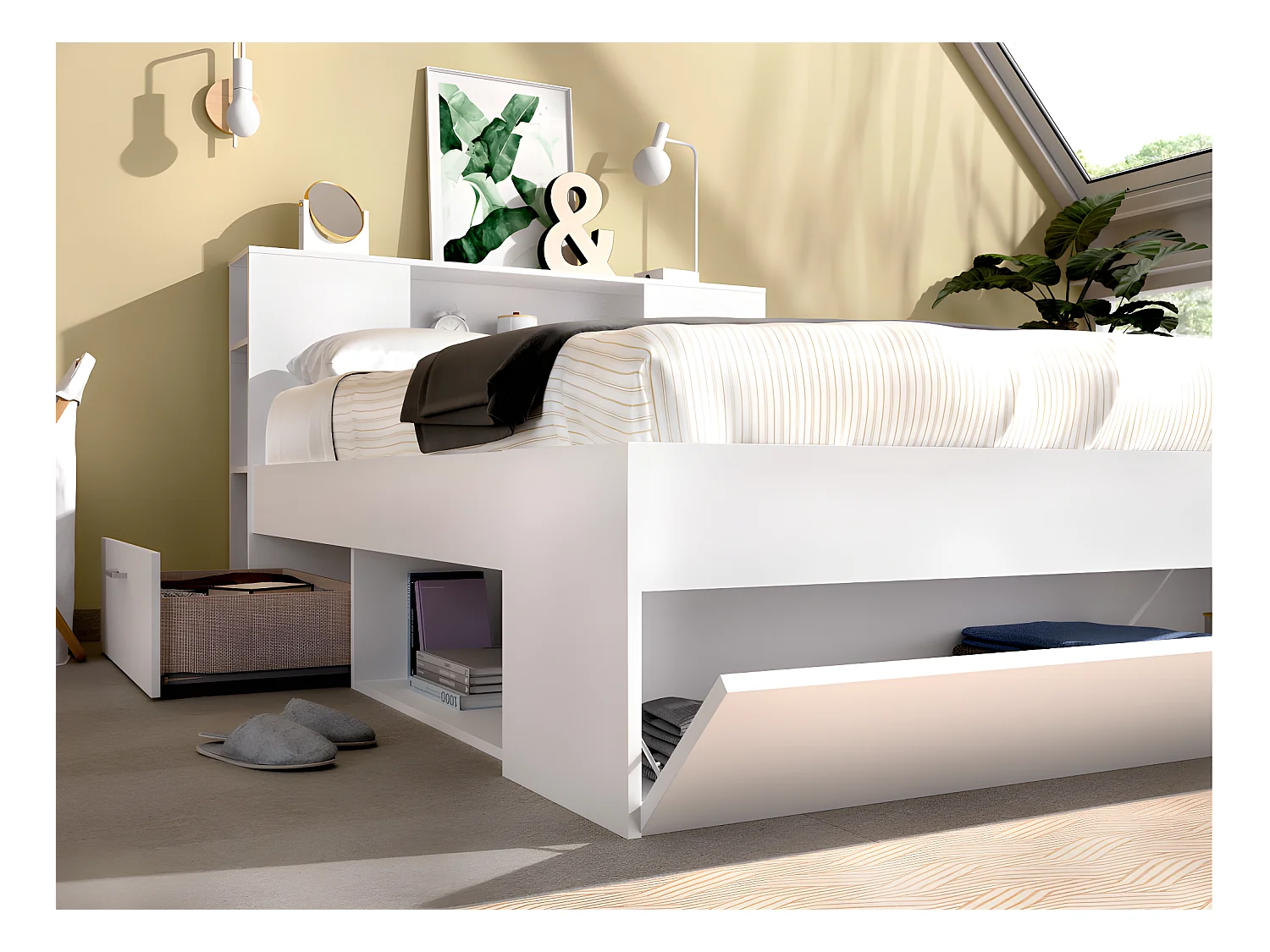 Letto con testata con vani portaoggetti e cassetti 140 x 190 cm: Bianco + Rete + Materasso LEANDRE