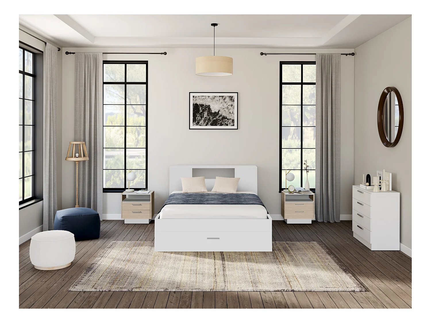 Letto con testata con vani portaoggetti e cassetti 140 x 190 cm: Bianco + Rete + Materasso LEANDRE