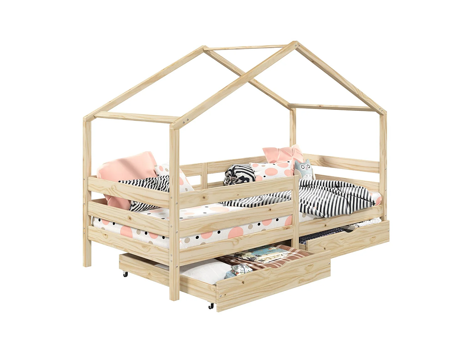 Lit cabane ENA lit enfant simple montessori 90 x 200 cm, avec 2 tiroirs de rangement, en pin massif à la finition naturelle